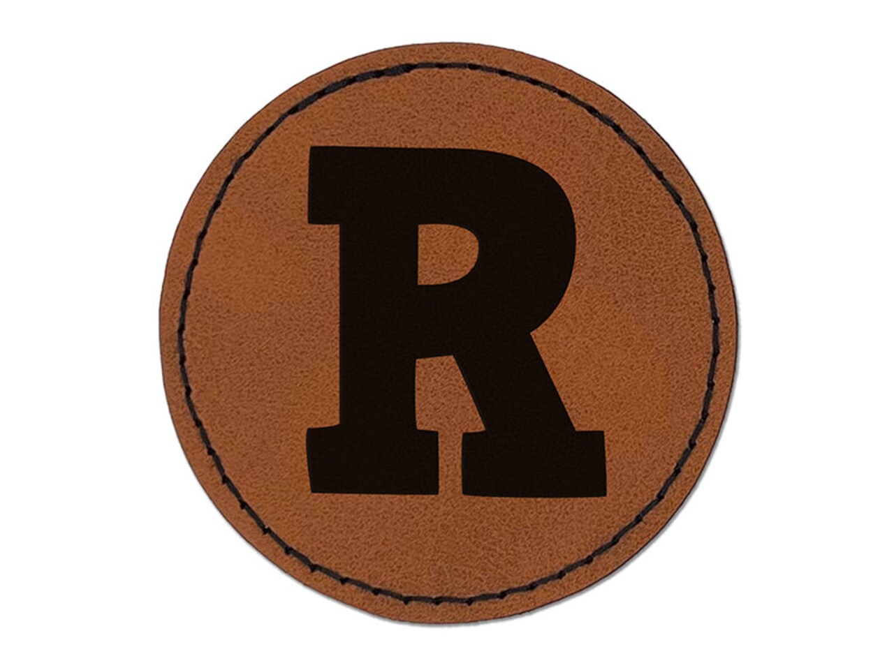 Letter R Uppercase Fun Bold Font Round Iron-On Engraved Faux Leather Patch Applique - 2.5"